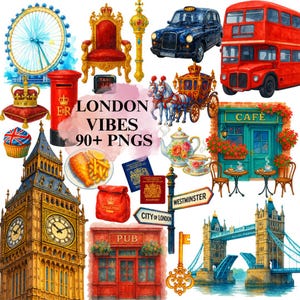 Akvarell London Clipart PNG, Big Ben-konst, röd bussillustration, kunglig vagn PNG, reseelement i Storbritannien, Tower Bridge-konstverk