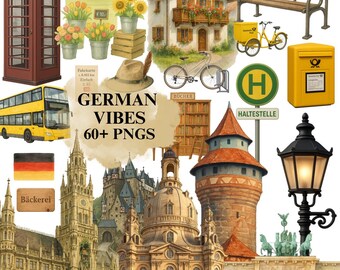 German Vibes PNG Set, Bavarian Watercolor Clipart, Germany Travel Graphics, Vintage Europe Illustrations, Cottage House Art Pack