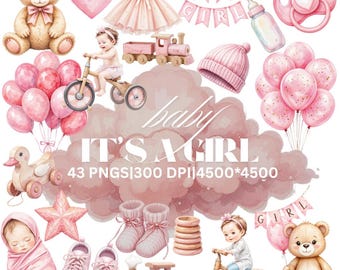 Baby Girl Clipart, Pastel Nursery PNG Bundle (Digital Download)