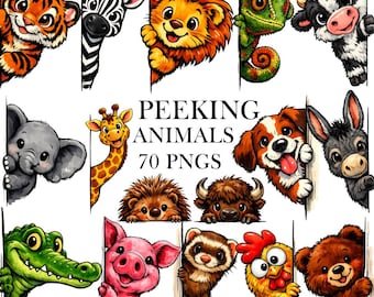 Peeking Animals PNG, Cute Safari Pets, Cartoon Wildlife Art, Kids Animal Graphics