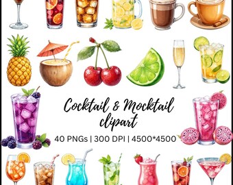 Cocktail Mocktail Clipart PNG Set, Tropical Drink Illustrations, Summer Beverage Art, Fruit Glass Elements, Digital Download