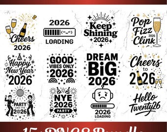 New Year 2026 PNG Clipart Bundle, Festive Quote Graphics (Digital Download)