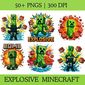 Può includere: Illustrazioni digitali di personaggi pixelati verdi con blocchi di TNT e la parola "EXPLOSIVE". Le immagini sono in stile cartone animato, con colori vivaci e pose dinamiche. Il testo "EXPLOSIVE MINECRAFT" è in basso.