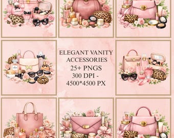 May include: Watercolor illustrations of elegant vanity accessories, including handbags, perfumes, makeup, and sunglasses. The text reads "ELEGANT VANITY ACCESSORIES 25+ PNGS 300 DPI - 4500*4500 PX" on a soft pink background.