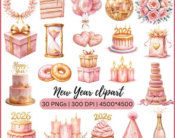 Pink New Year Clipart PNG Set, Festive Party Graphics, Holiday Celebration Art, Soft Pastel Elements, Printable Design Pack