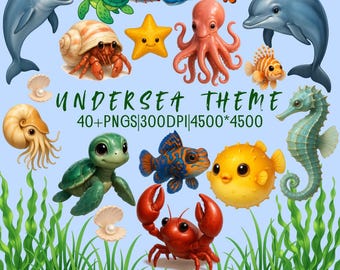 Undersea Animals Png, Ocean Cute Clipart, Sea Life Art, Marine Theme Set, Beach Kids Graphics, Water Creatures Pack