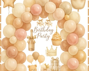 Boho Birthday Clipart Set, Watercolor Balloons, Neutral Tones (PNG)