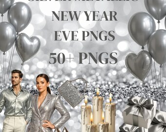 Silver New Year PNG Clipart, Metallic Party Decor (Digital Download)
