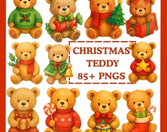 Christmas Teddy Bear Clipart PNG Bundle, Winter Holiday Graphics (85+)