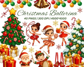 Christmas Ballerina Clipart, Holiday Ballet PNG, Winter Dance Illustrations, Festive Kids Art, Xmas Gifts Graphics