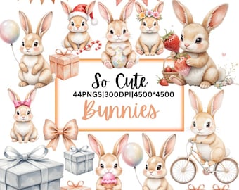 Cute Bunny PNG Bundle, Baby Rabbit Clipart, Spring Animal Art, Pastel Kids Graphics, Nursery Holiday Designs