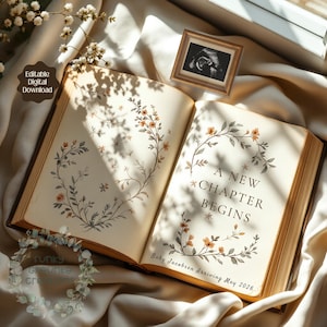 Vintage Book Pregnancy Announcement with Wildflowers, Editable Flat Lay Baby Announcement, Rustic Digital Spring Pregnancy Announcement