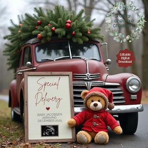 Digitale kerstzwangerschapsaankondiging, vintage auto speciale bezorging babyaankondiging, gezellige december zwangerschapsaankondiging, winterbaby