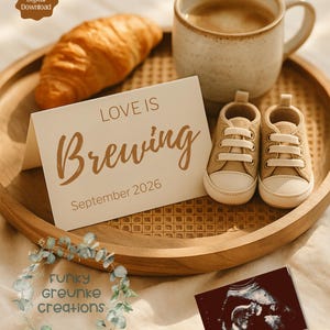 Love is Brewing Baby Announcement, Simple Coffee Themed Baby Reveal, Digital Coffee Pregnancy Announcement, Warm Neutral Baby Announcement