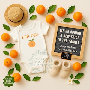 Little Cutie Pregnancy Announcement, Gender Neutral Citrus Themed Baby Announcement, Digital Editable Fruit Summer Pregnancy Announcement