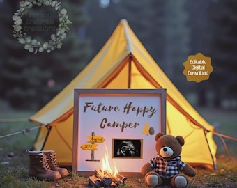 Happy Camper – ogłoszenie o ciąży: namiot Woodsy, wersja neutralna płciowo (wersja cyfrowa do pobrania)