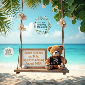 Tropical Beach Pregnancy Announcement Digital Download, Hawaiian Summer Baby Reveal for Social Media, Gender Neutral Teddy Bear Announcement
