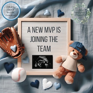 Anuncio de bebé de Home Run, anuncio de embarazo de MVP de béisbol personalizable, descarga digital editable, revelación de tema deportivo, redes sociales