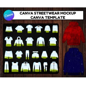 Può includere: Una collezione di 24 diversi mockup di abbigliamento da utilizzare in Canva. I mockup includono t-shirt, felpe con cappuccio, felpe, pantaloni, gonne e altro ancora. I mockup sono tutti in un contorno bianco su uno sfondo nero. Il testo "CANVA STREETWEAR MOCKUP CANVA TEMPLATE" è nella parte superiore dell'immagine.