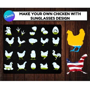Può includere: Un modello di design digitale che presenta una varietà di silhouette di polli con occhiali da sole. Il design include un pollo giallo con occhiali da sole blu, un pollo con un design a bandiera americana e una varietà di altre silhouette di polli con diverse pose e accessori. Il testo "MAKE YOUR OWN CHICKEN WITH SUNGLASSES DESIGN" è visualizzato nella parte superiore dell'immagine.