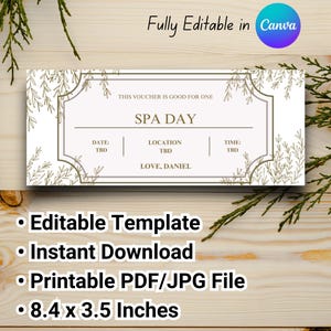 Canva EDYTOWALNY tekst kuponu na dzień w spa - do wydrukowania, kupon do spa, bilet na dzień w spa niespodzianka urodzinowa masaż spa wycieczka do spa prezent do wydrukowania