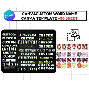 May include: A black chalkboard with the word "CUSTOM" written in white and yellow text 15 times. The word "CUSTOM" is also written in various colorful patterns on a white grid background.