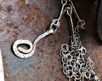 Wired Neck Chain I-:-Hand forged sterling silver necklace-Textured,aged finish-Silver round cable chain-Reversible.Modern-Organic