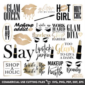 Paquete de 21 SVG de maquillaje / SVG de salón de belleza / Lápiz labial, rímel, frases de maquillaje / Archivos de corte glam para Cricut y Silhouette / Descarga digital