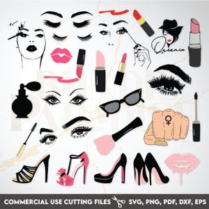 Paquete de 45 SVG de perfume y maquillaje, SVG de salón de belleza, lápiz labial, rímel, frases de maquillaje, archivos de corte glam para Cricut y Silhouette, descarga digital