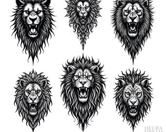 Paquete de 6 SVG de cabezas de león - Rugiendo - Arte vectorial de animales salvajes - Archivos de imágenes prediseñadas de leones