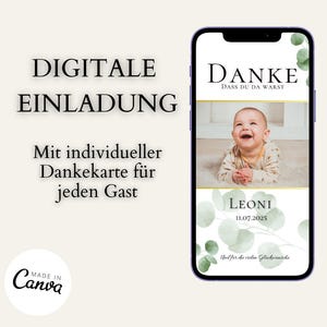 Digital invitation for baptism, communion, confirmation, template Canva, including thank you