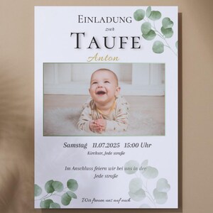 Batismo, comunhão, crisma, convite DinA6 template Canva, cartão de batismo e cartão de agradecimento na cor branca com eucalipto, floral, matrícula escolar