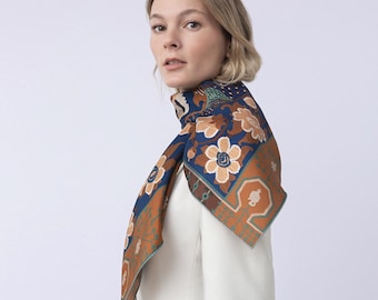 Scarf "WEDDING" silk 90x90 on a blue background