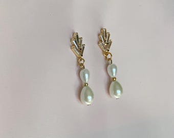 Art Deco Teardrop Pearl Earrings: CZ Baguette Post, 18K Gold Plated