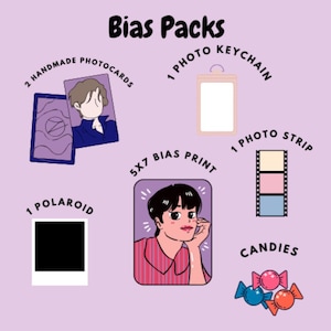 May include: A purple background with the words "Bias Packs" at the top. The image includes 2 handmade photocards, a photo keychain, a 5x7 bias print, a photo strip, a polaroid, and candies. Each item is labeled with its quantity.
