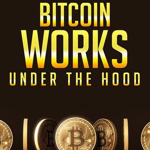 Puede incluir: Monedas de oro Bitcoin con el símbolo de Bitcoin sobre un fondo marrón oscuro con el texto "How Bitcoin Works Under The Hood".