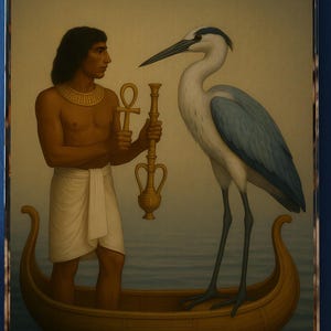 Póster de la Garza Bennu, ave extinta. Impresión artística del antiguo Egipto con Ardea bennuides, barca sagrada, vasija ceremonial y símbolo Ankh.