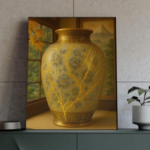 Jarrón de porcelana Kintsugi con detalles florales dorados en una habitación con tatami que presenta una pintura del Monte Fuji / Impresión de bellas artes / Póster de arte japonés