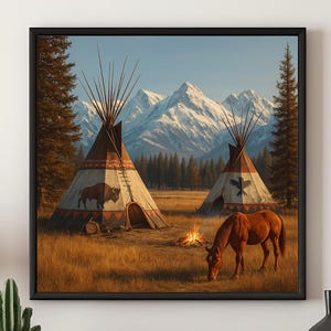 May include: A framed print depicts a serene landscape with two Native American teepees, a grazing horse, and a campfire. Snow-capped mountains and evergreen trees form the backdrop. The artwork is displayed above a wooden cabinet.