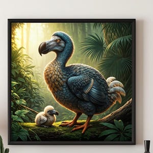 Mutter Dodo Mutter und Küken Kunst in Mauritius Wald Kunstdruck | Ausgestorbener Vogel Wildtiere Poster | Baby Dodo Gemälde | Ausgestorbene Tier Wandkunst