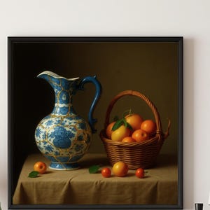 May include: A still life painting of a blue and white ceramic pitcher, a wicker basket filled with oranges, and a few small red apples on a brown table.