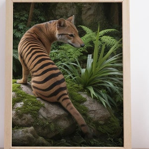 Thylacine Resting on Mossy Rock in a Primal Forest Setting - Realistic Tasmanian Tiger Art Print / Poster