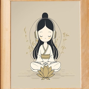 Zen Beats: Minimalist Artwork of a Young Woman Meditating with Headphones, Blending Serenity, Zen & Modern Harmony - Fine Art Print - Poster