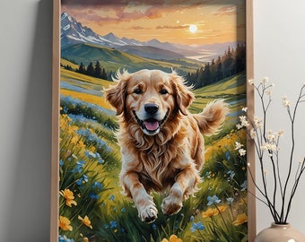 Golden Retriever Wildflower Meadow Sunset Art Print
