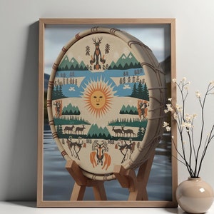 Impressão de arte de tambor xamânico Sami – herança ártica, simbolismo da natureza indígena, decoração de parede da cultura Sami - pôster de xamanismo Sami - arte nórdica