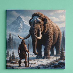 Woolly Mammoth and Prehistoric Man in Snowy Wilderness Ice Age Wall Art Print – Ancient Hunter & Extinct Animal | Wall Art for Nature Lovers