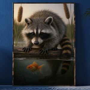 Curious Waschbär und Goldfisch Wand Kunst Print – Waldtier Poster für Kinderzimmer, Kinderzimmer oder rustikales Cottagecore Home Décor