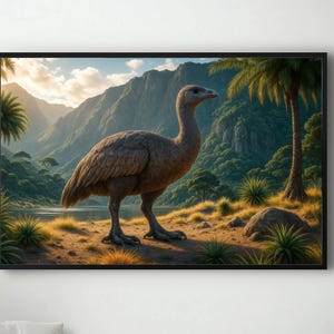 Impresión artística de un moa gigante en un paisaje prehistórico de Nueva Zelanda: póster de un ave gigante extinta con plantas y montañas autóctonas / Animal extinto