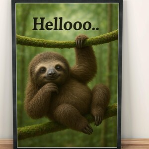 Entzückendes Faultier Art Print – Lustiges Dschungeltier Poster mit dem Spruch ""Hellooo"" – süße Faultier-Wanddeko für Kinderliebhaber, Kinderzimmer & Faultierliebhaber."