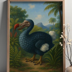 Lámina artística de pájaro dodo: póster de fauna tropical de Mauricio con un ave azul extinta en un paisaje selvático. Decoración vintage de animales.